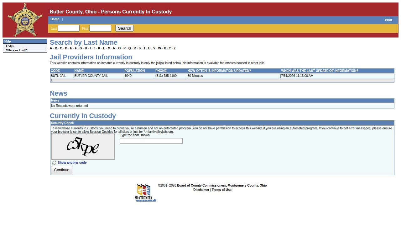 Butler County current-custody portal used during a 72-hour release review