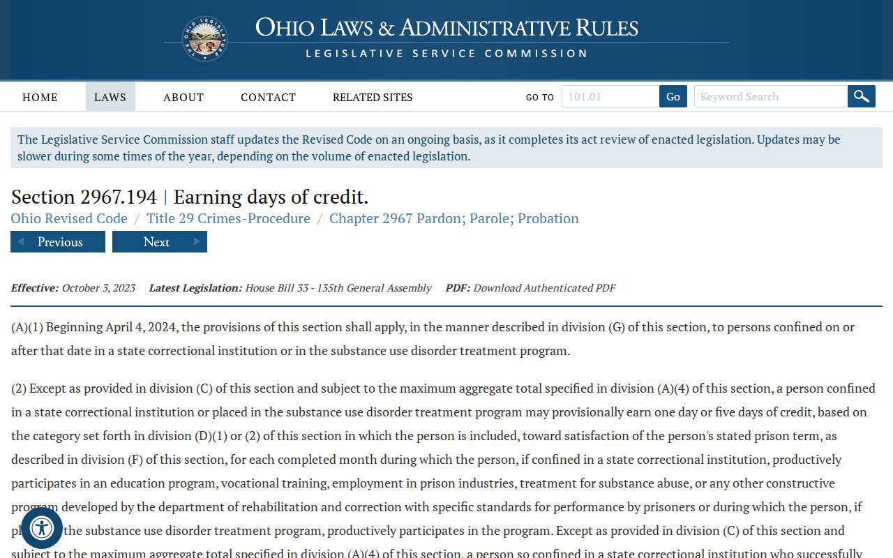 Ohio earned credit law for Butler County projected release dates